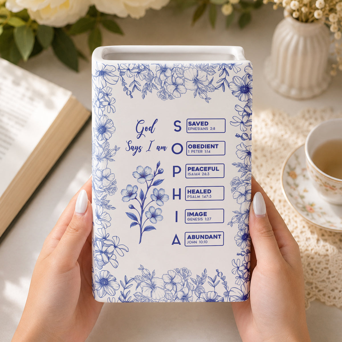 God Says I Am Name Letter In Bible Toile De Jouy Style - Personalized Book Vase TH10 170659