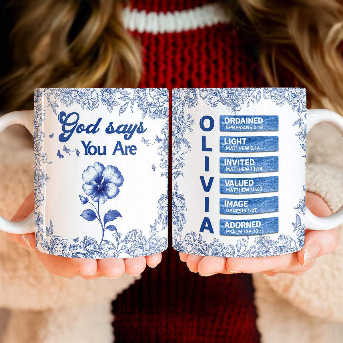 Custom Name Letter And Flower Toile De Jouy Style God Says I Am Print Full Mug LM32 895397