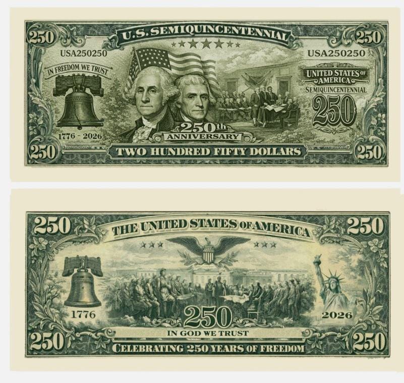 Pack of 20 – U.S. 250th Anniversary Semiquincentennial Commemorative Bills Funny 4th of July Gift CH07 911722