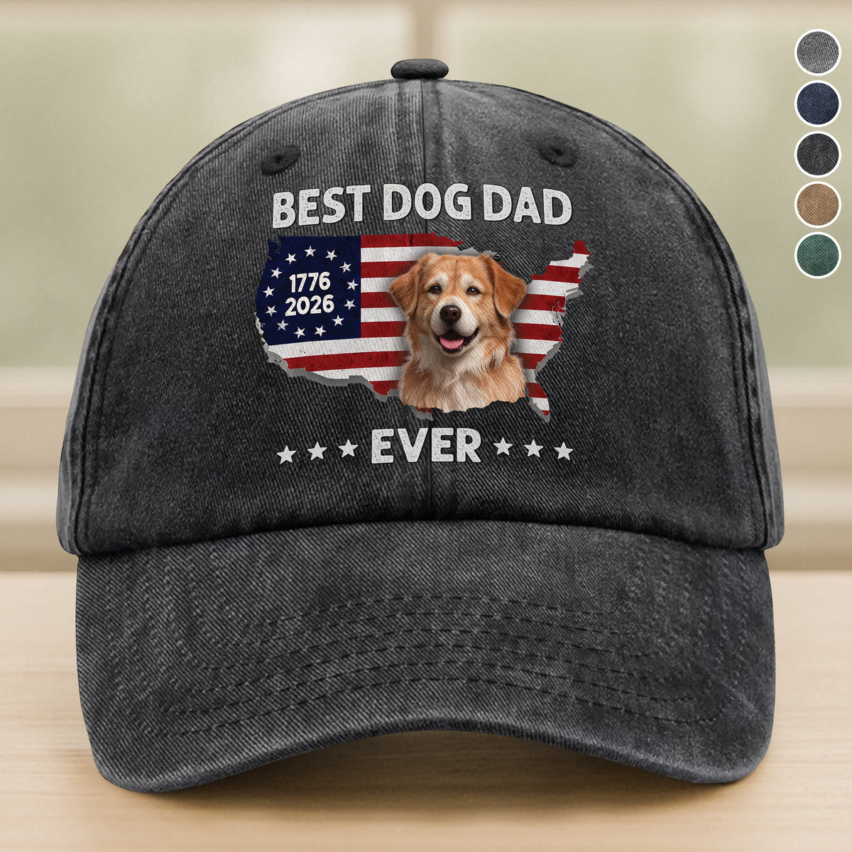 Custom Photo Best Dog Dad Ever US Flag 1776 - 2026 Washed Denim Baseball Cap HA75 921356
