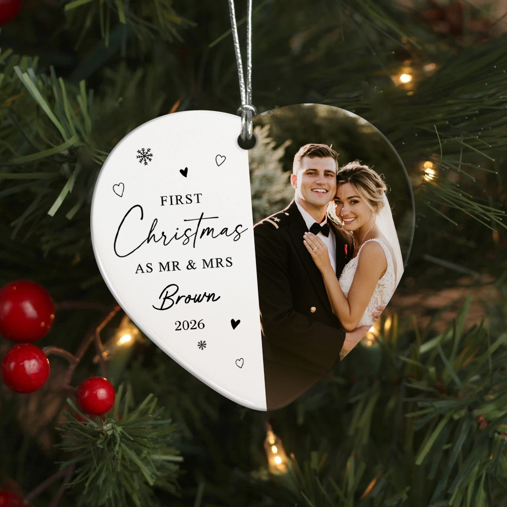 Custom Photo First Christmas as Mr & Mrs Heart shaped Ceramic Ornament Christmas Married Bauble Gift HO82 903424