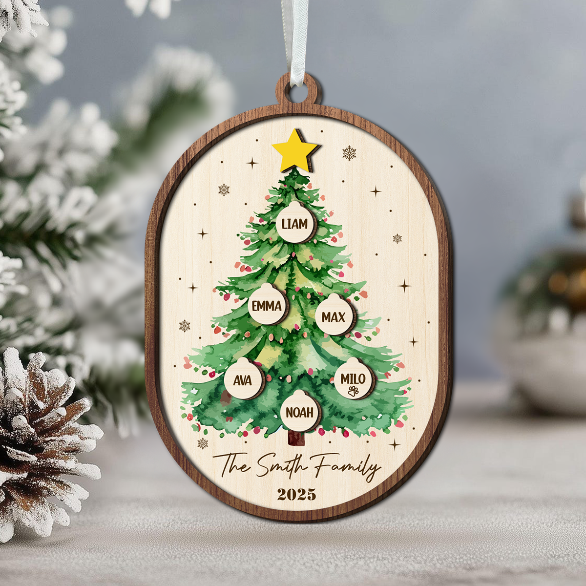 Custom Family Name Christmas Tree 2 Layers Wooden Ornament LM32 897345