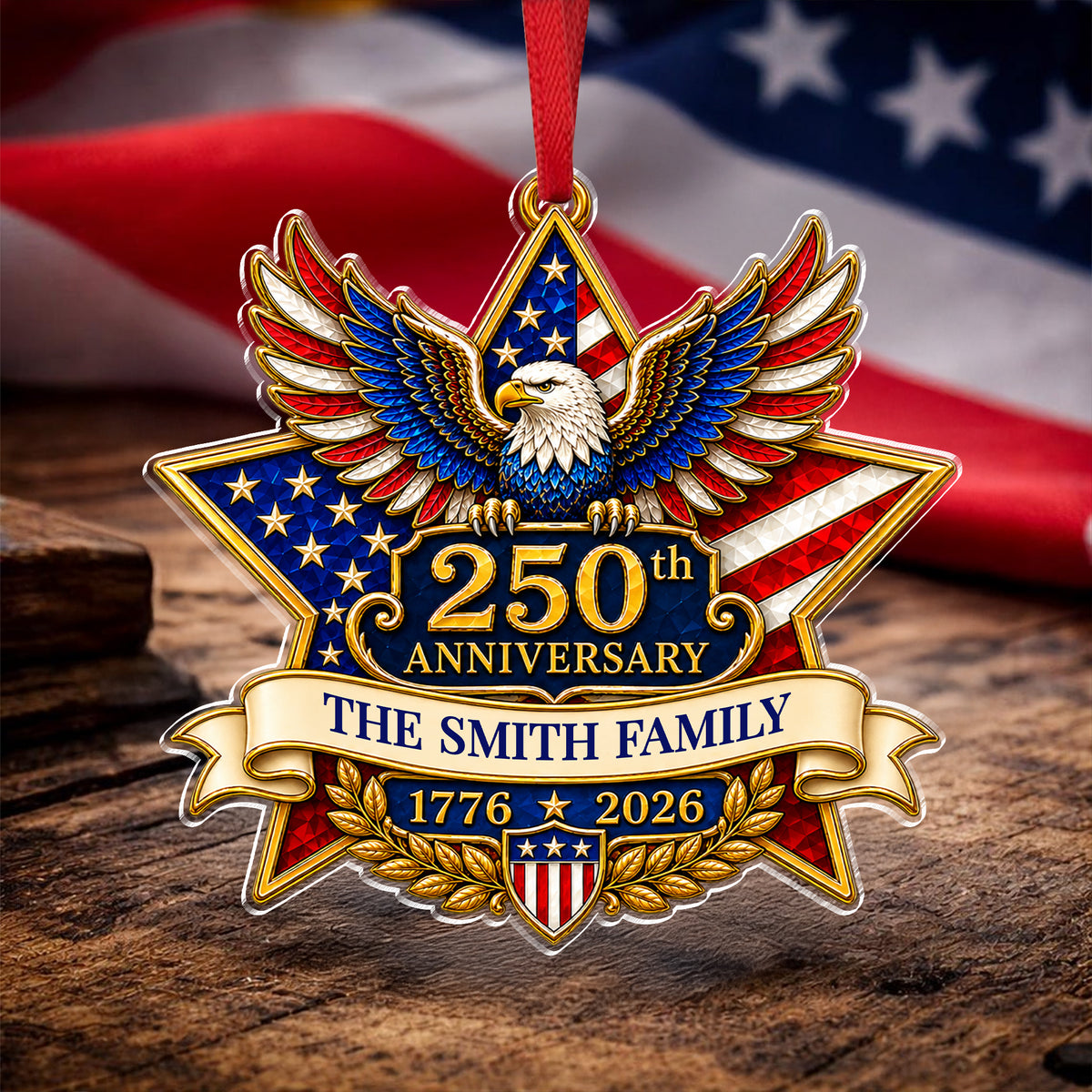 Custom Family Name American Pride 250th Anniversary Acrylic Ornament, USA Flag Eagle Keepsake CH07 180356