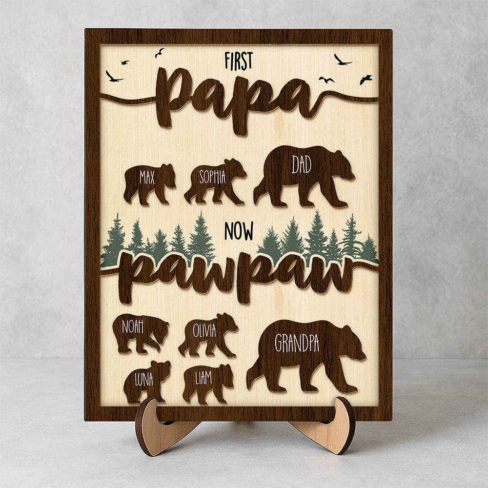 Papa Bear With Kid Name Family 2-Layered Wooden Plaque With Stand Personalized Gift For Father's Day, Dad HO82 894042