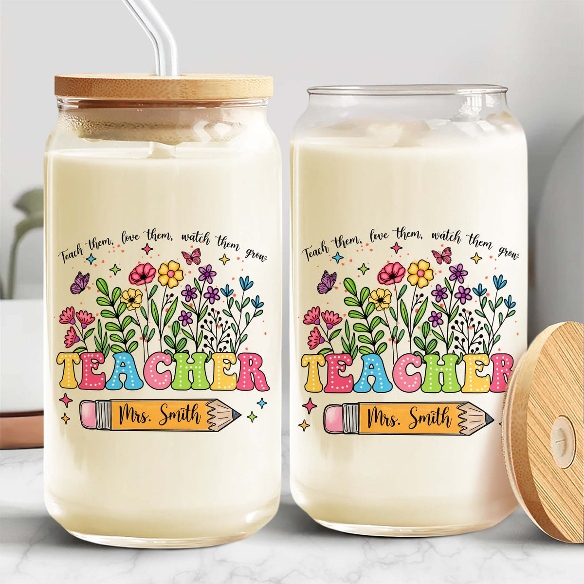 Personalized Glass Can With Lid Teacher Appreciation Gift, Back To School Gift CH07 896158