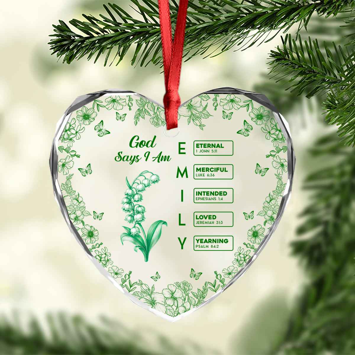 God Says I Am Name Letter In Bible Toile De Jouy Style - Personalized Heart Glass Ornament CH07 896964