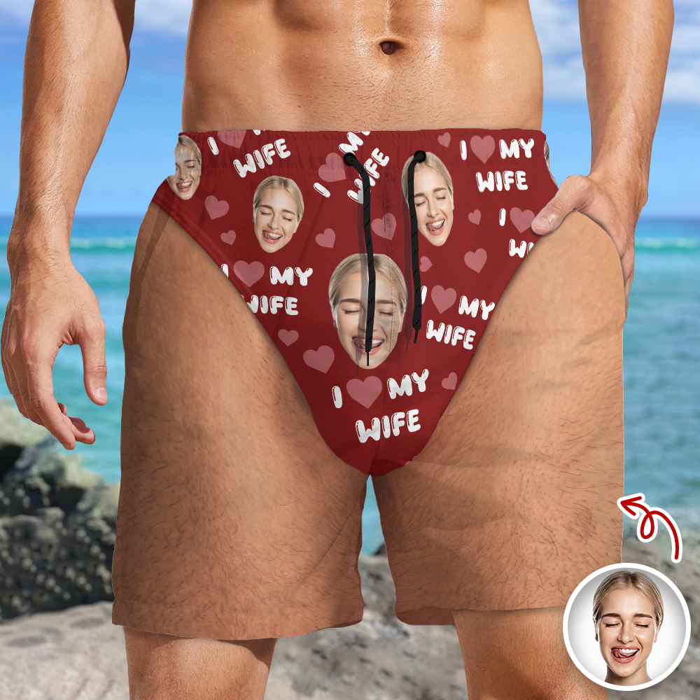 Custom Funny Face I Love My Wife, Girlfriend Beach Short Anniversary Gift LM32 669459