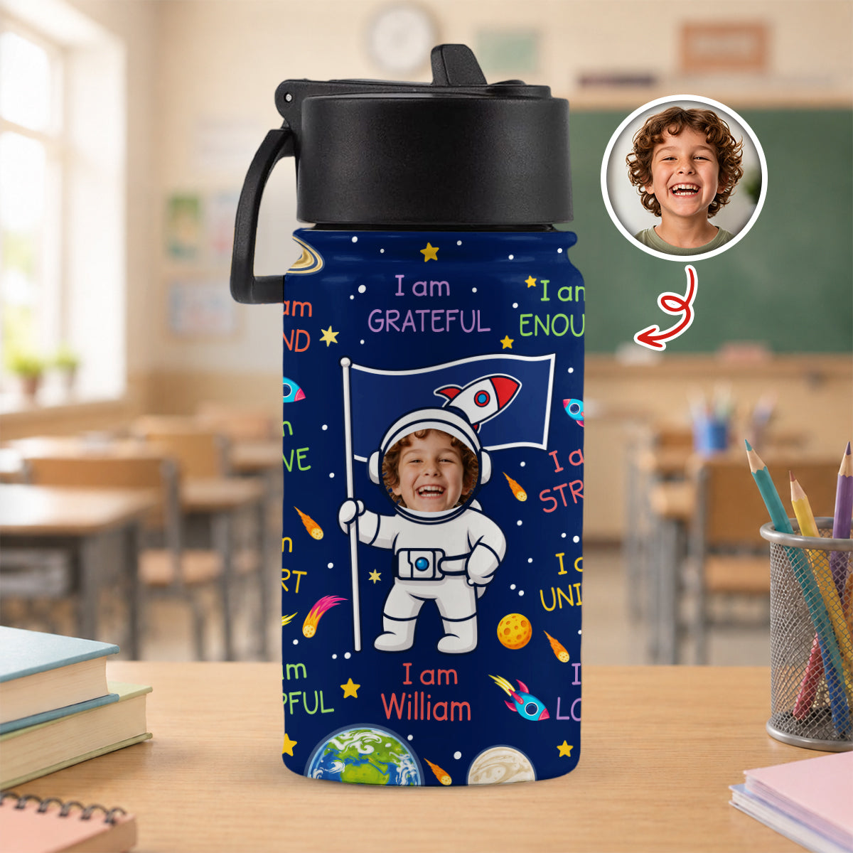 Personalised Photo Cute Astronaut Galaxy Kid Water Bottle with Positive Affirmations Phrase, Back To School Gift for Kids HO82 902976