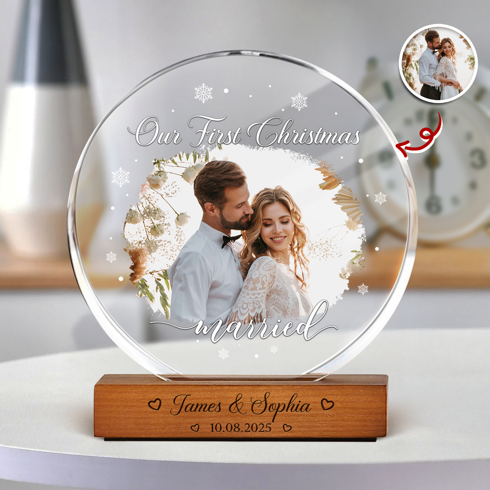 Custom Photo Our First Christmas As Mr & Mrs Couple Round Acrylic Frame Block HA75 898012