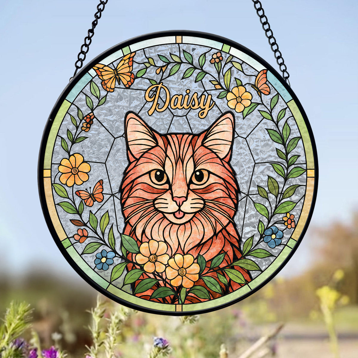 Custom Cat Photo With Flower Memorial Stained Glass Suncatcher, Pet Loss Gift HO82 894328