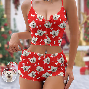 Custom Dog Cat Photo Colorful Background Christmas Appliques Notched Neckline Lingerie Set LM32 893903
