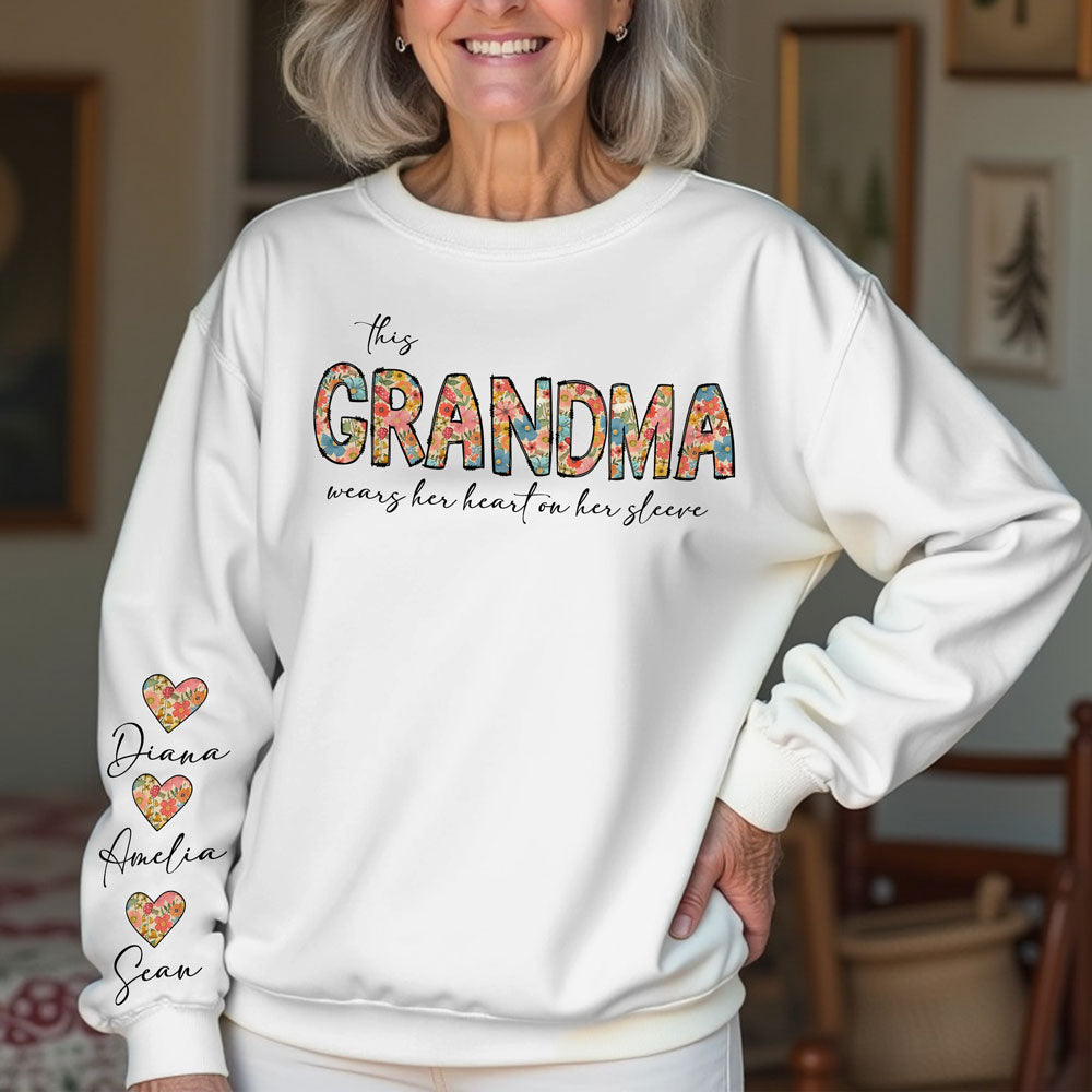This Grandma Wears Her Heart On Her Sleeve Sweatshirt Personalized Gift For Mother's Day HO82 893630