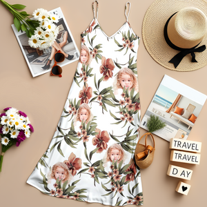 Custom Human Photo With Floral Pattern Women's V-neck Cami Maxi Dress LM32 893329