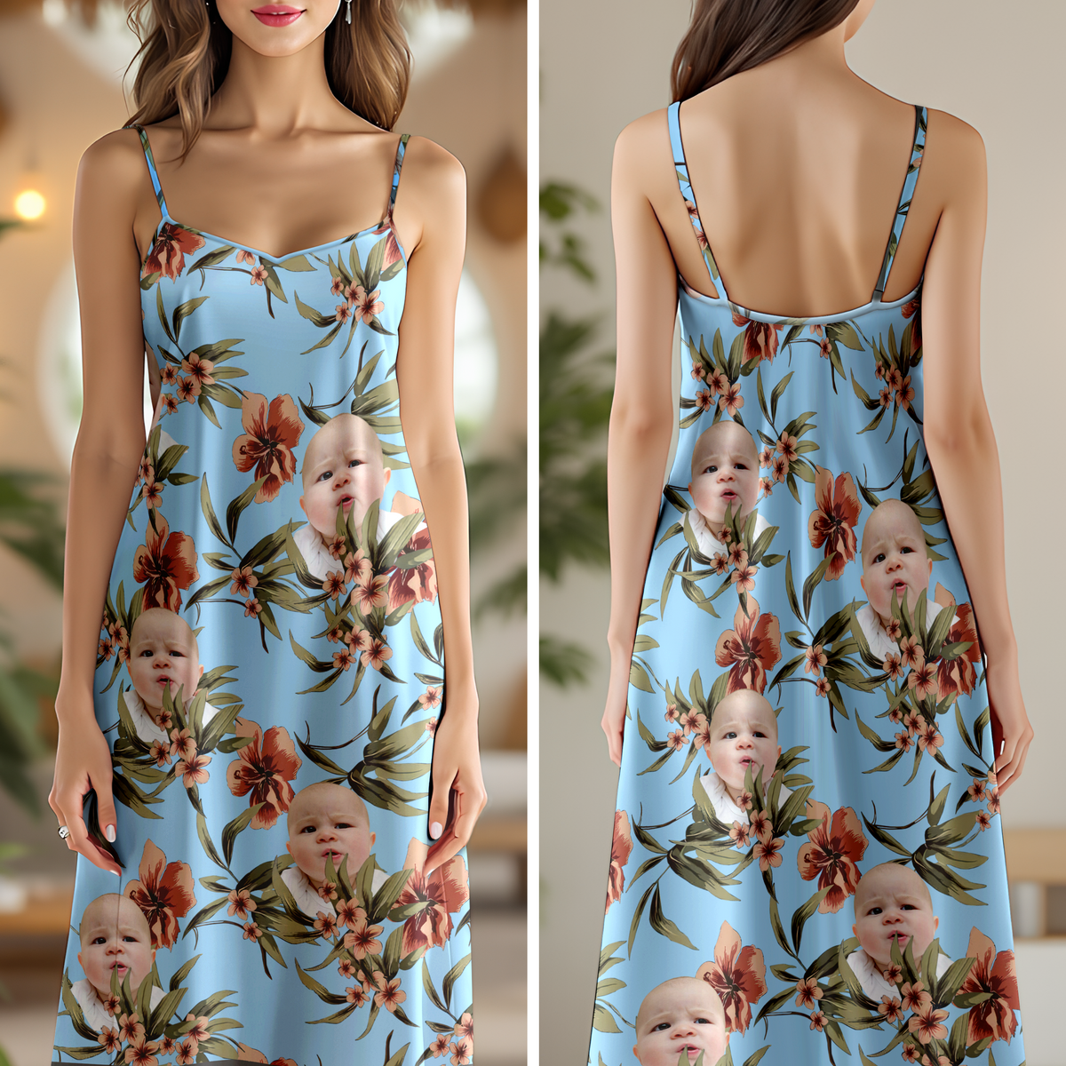 Custom Human Photo With Floral Pattern Women's V-neck Cami Maxi Dress LM32 893329