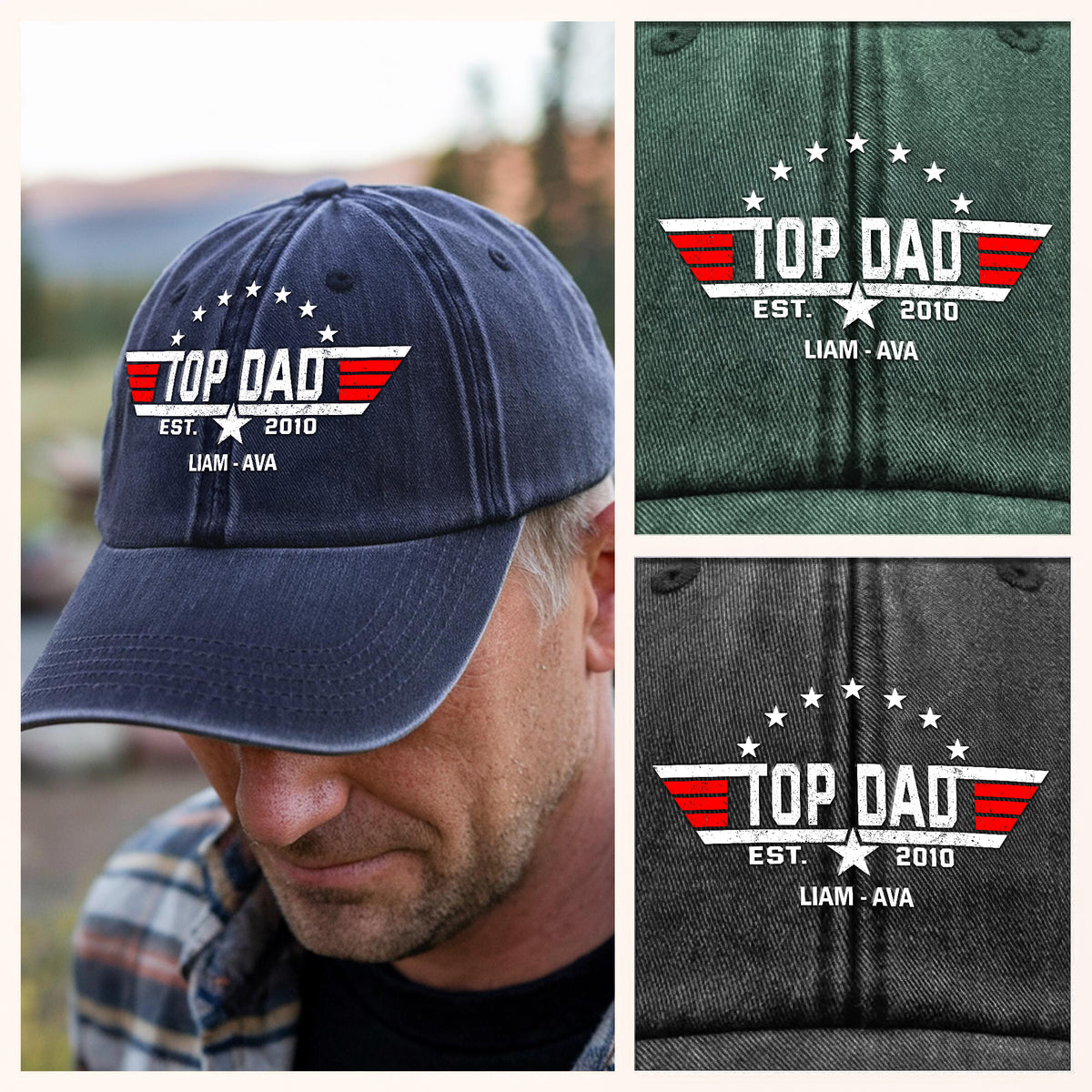 Custom Kid Name Personalized Top Papa American Washed Denim Baseball Cap CH07 896012