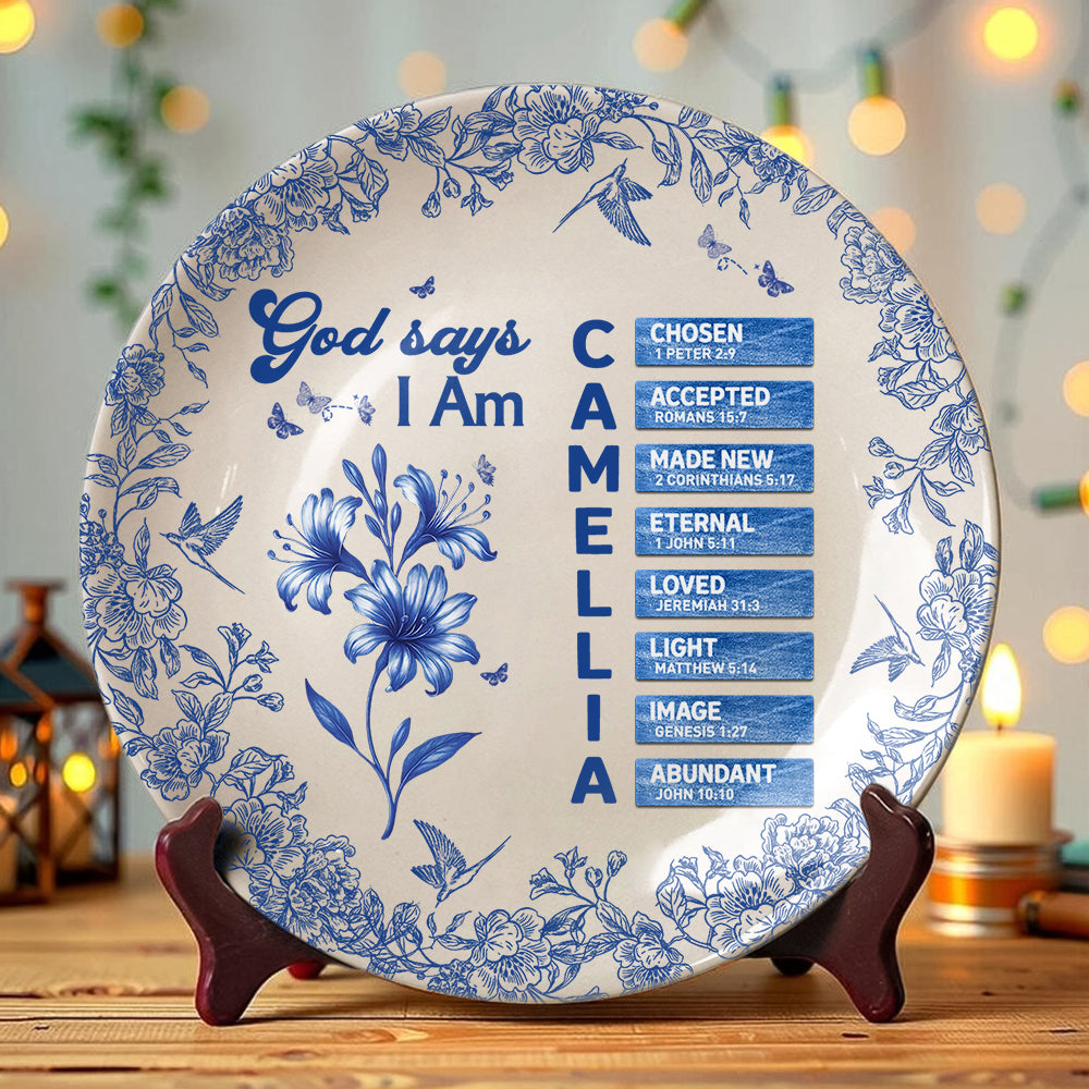 Custom Name Letter And Flower Toile De Jouy Style God Says I Am Ceramic Plate LM32 895359