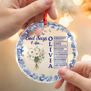 Personalized Name Letter God Says I Am Flower Toile De Jouy Style Glass Ornament LM32 895363
