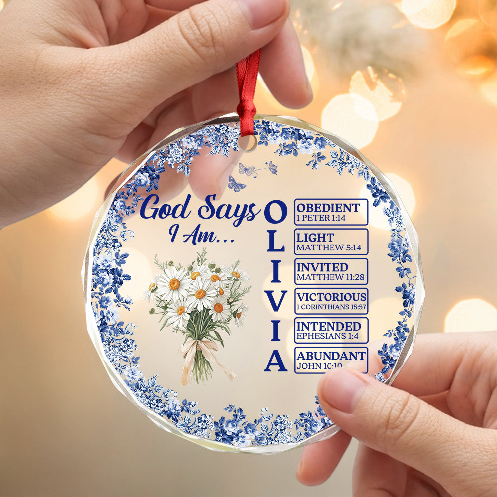Personalized Name Letter God Says I Am Flower Toile De Jouy Style Glass Ornament LM32 895363