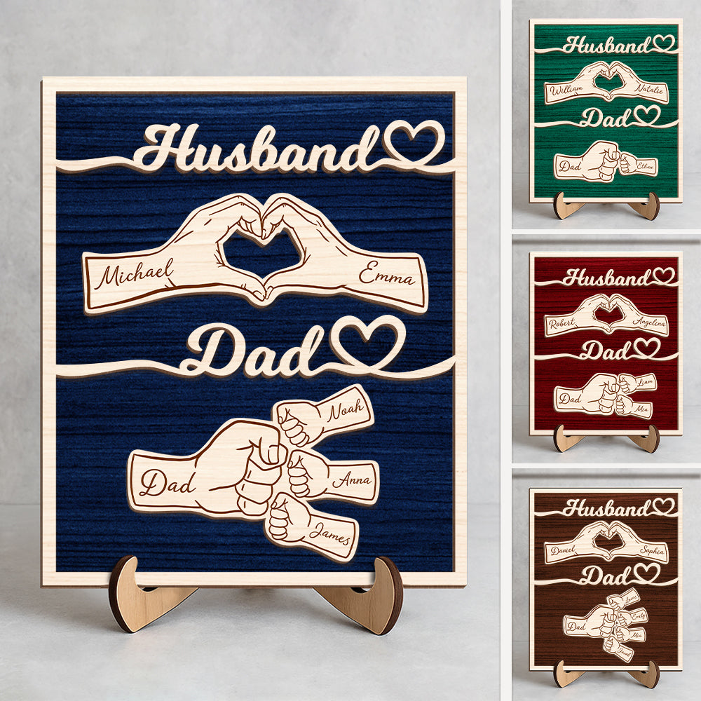 Custom Names Fist Bump Husband, Dad 2-Layered Wooden Plaque With Stand Gift For Dad, Husband HA75 921036