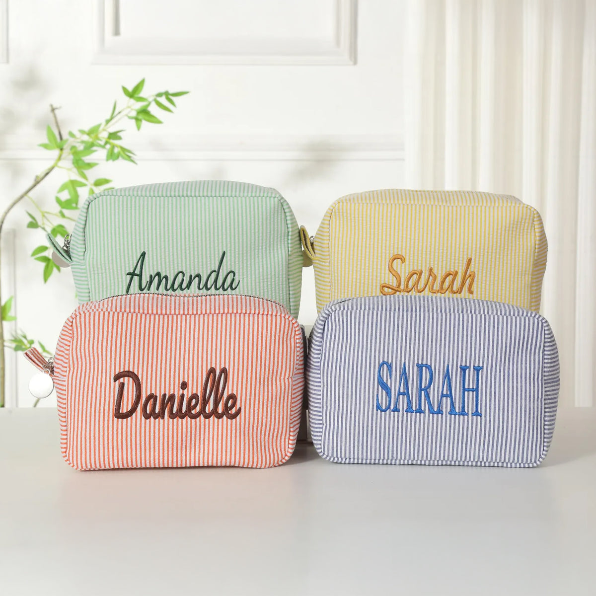 Personalized Name Monogrammed Seersucker Toiletry Bag - Gift For Mom, Girlfriend, Women, Summer Gift HO82 902942
