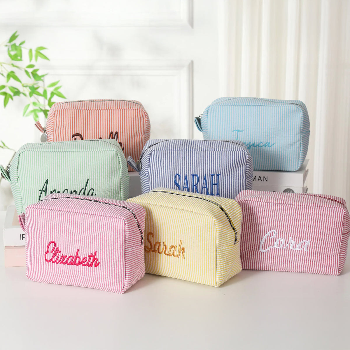 Personalized Name Monogrammed Seersucker Toiletry Bag - Gift For Mom, Girlfriend, Women, Summer Gift HO82 902942