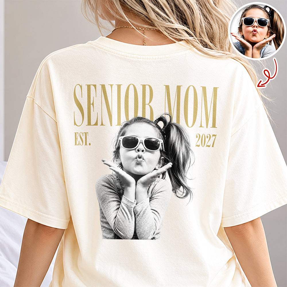 Custom Retro Photo Senior Mom EST. 2027 Back Comfort Shirt - Personalized Class of 2027 Gift, Proud Family Gift HO82 903264