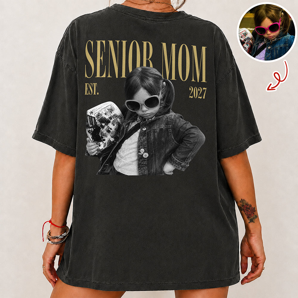 Custom Retro Photo Senior Mom EST. 2027 Back Comfort Shirt - Personalized Class of 2027 Gift, Proud Family Gift HO82 903264