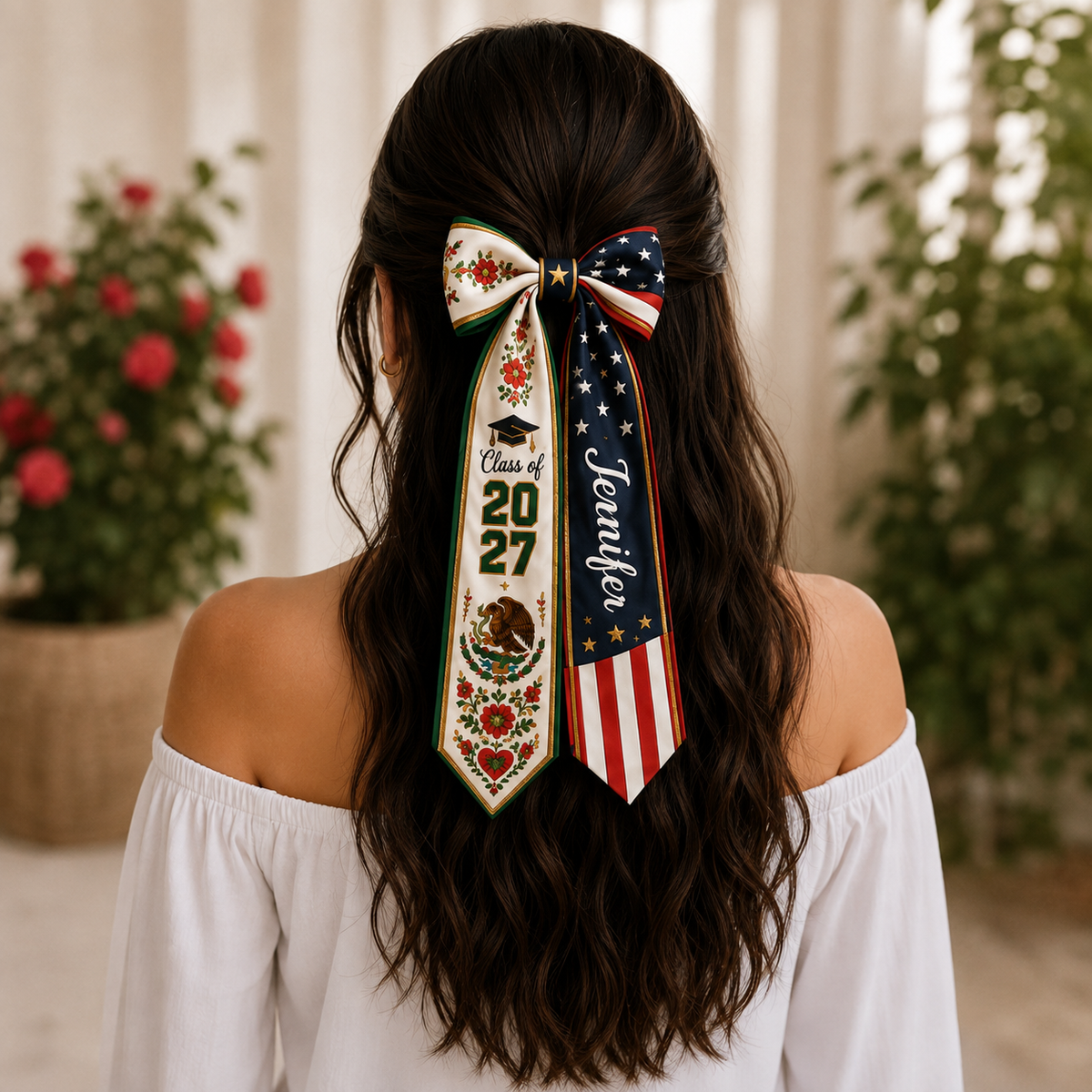 Personalized Name Class of 2027 Mexican American Senior Ribbon Hair Bow LM32 669939