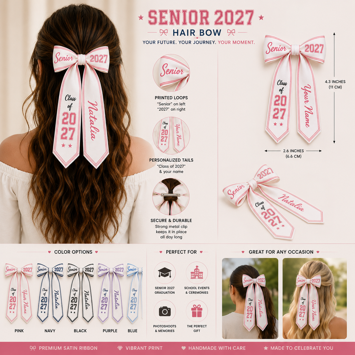 Personalized Name Class of 2027 Senior Gift Ribbon Hair Bow LM32 669937