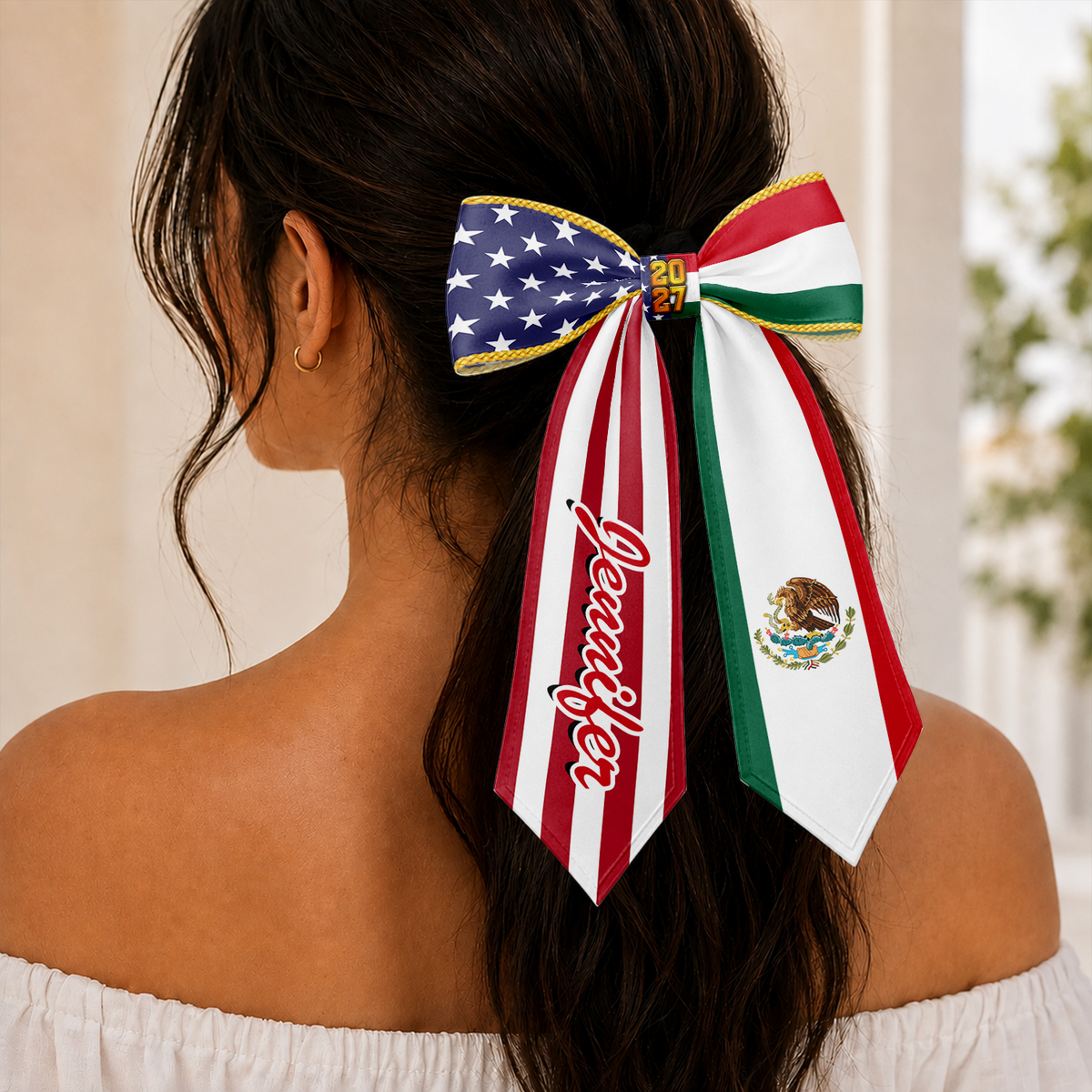 Personalized Name Mexico And US Flag Ribbon Hair Bow - Gift For Senior 2027, Graduation Gift HO82 903494