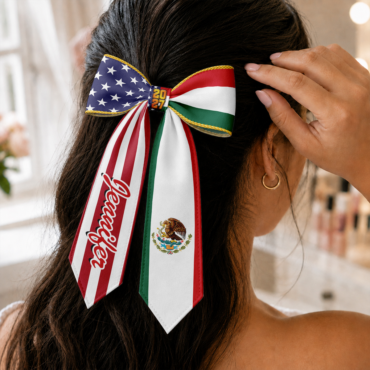 Personalized Name Mexico And US Flag Ribbon Hair Bow - Gift For Senior 2027, Graduation Gift HO82 903494