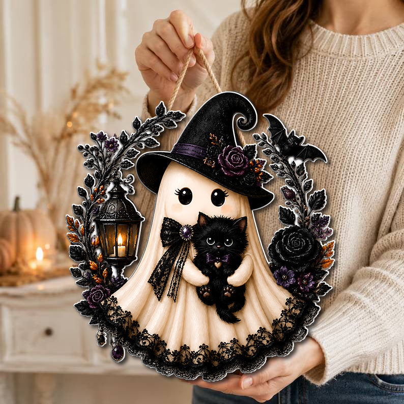 Witch Ghost With Black Cat Halloween Door Sign HO82 903546