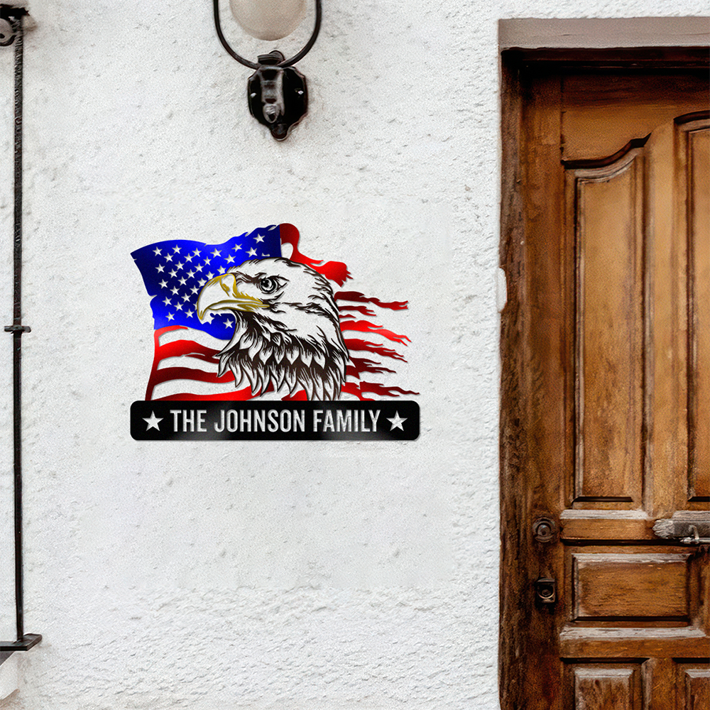 Custom Family Name Eagle & American Flag Monogram Metal Sign LM32 897901