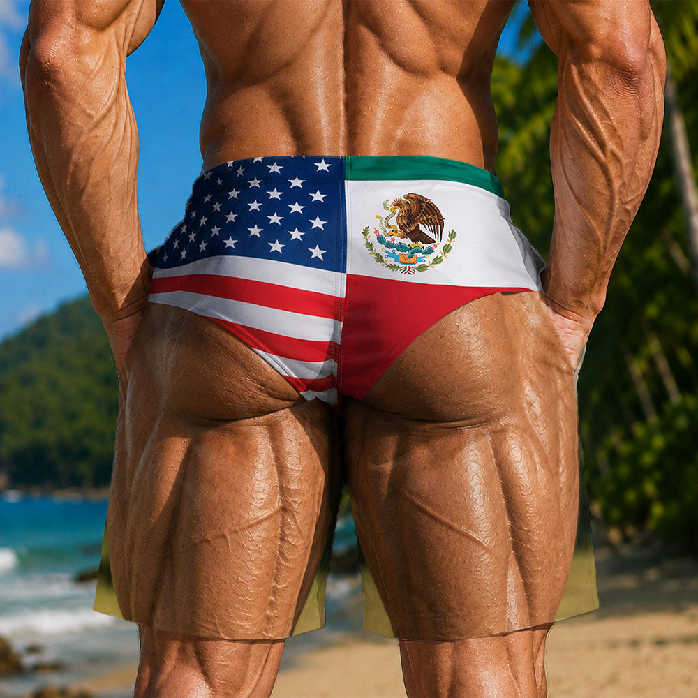 Personalized Funny Muscular Body Mexico USA Flag Men's Beach Short, Summer Vacation Party Gift, Gift For Him HO82 903516