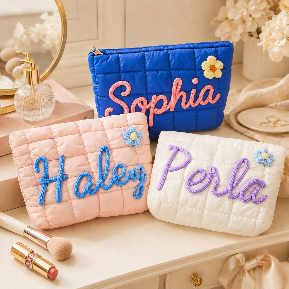 Personalized Name Quilted Nylon Makeup Bag- Gift For Mom, Girlfriend, Women, Bridesmaid Gift LM32 899545