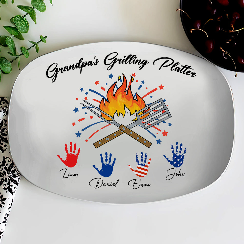 Custom Grandpa's Grilling Plate Independence Day Handprint Platter HO82 894206
