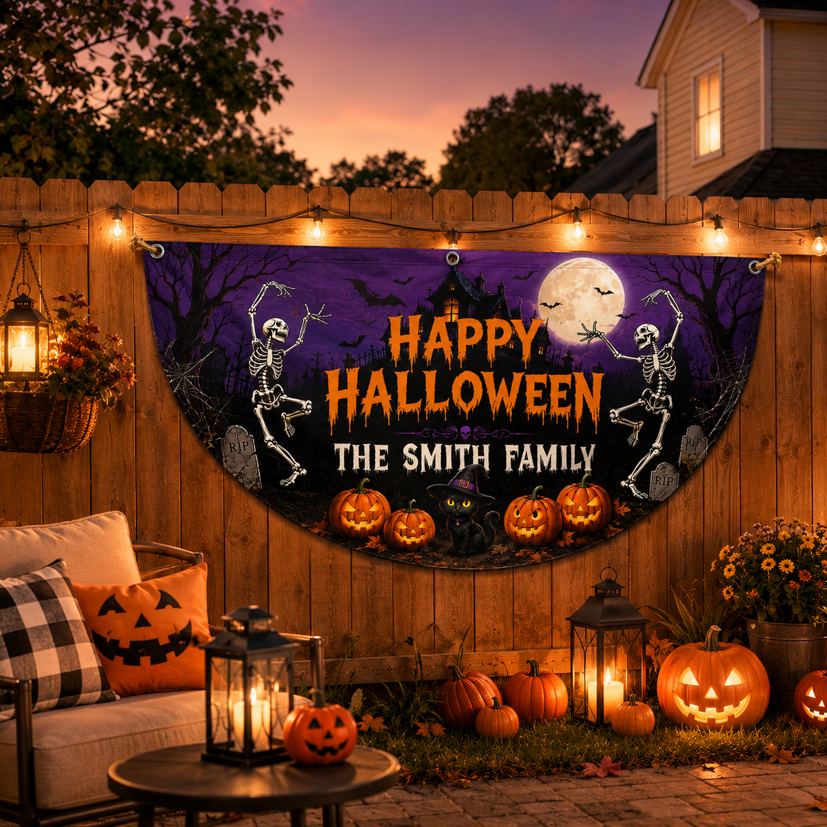 Custom Family Name Skeleton Pumpkin Happy Halloween Party Decor Non-Pleated Fan Flag LM32 669633