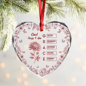 God Says I Am Name Letter In Bible Toile De Jouy Style - Personalized Heart Glass Ornament CH07 896964