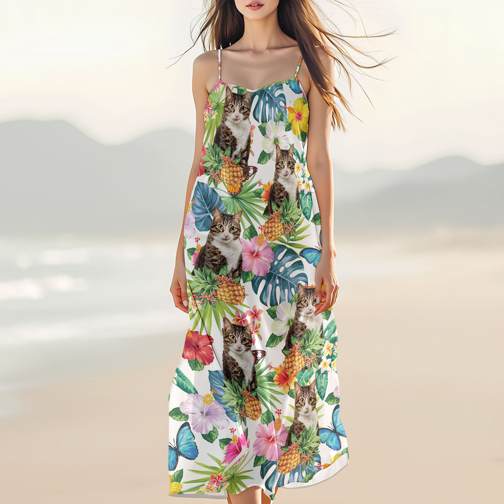 Custom Cat Photo Tropical Women's V-Neck Cami Maxi Dress HO82 893606