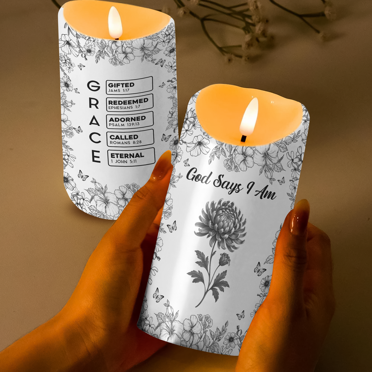 God Says I Am Name Letter In Bible Toile De Jouy Style - Personalized Led Candle CH07 896958