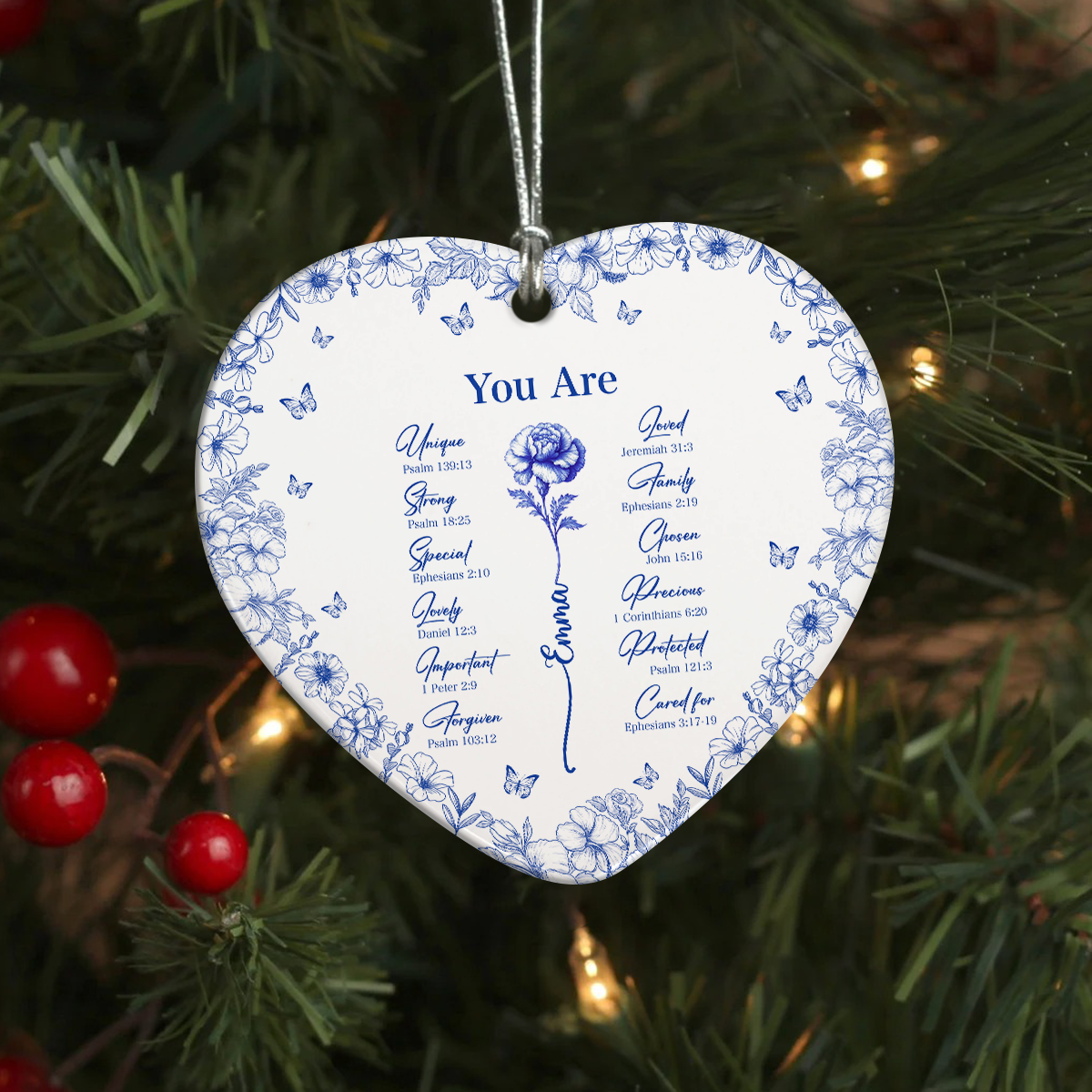 God Says You Are Christian Toile De Jouy Birth Flower Personalized Heart Shaped Ceramic Ornament HA75 897160