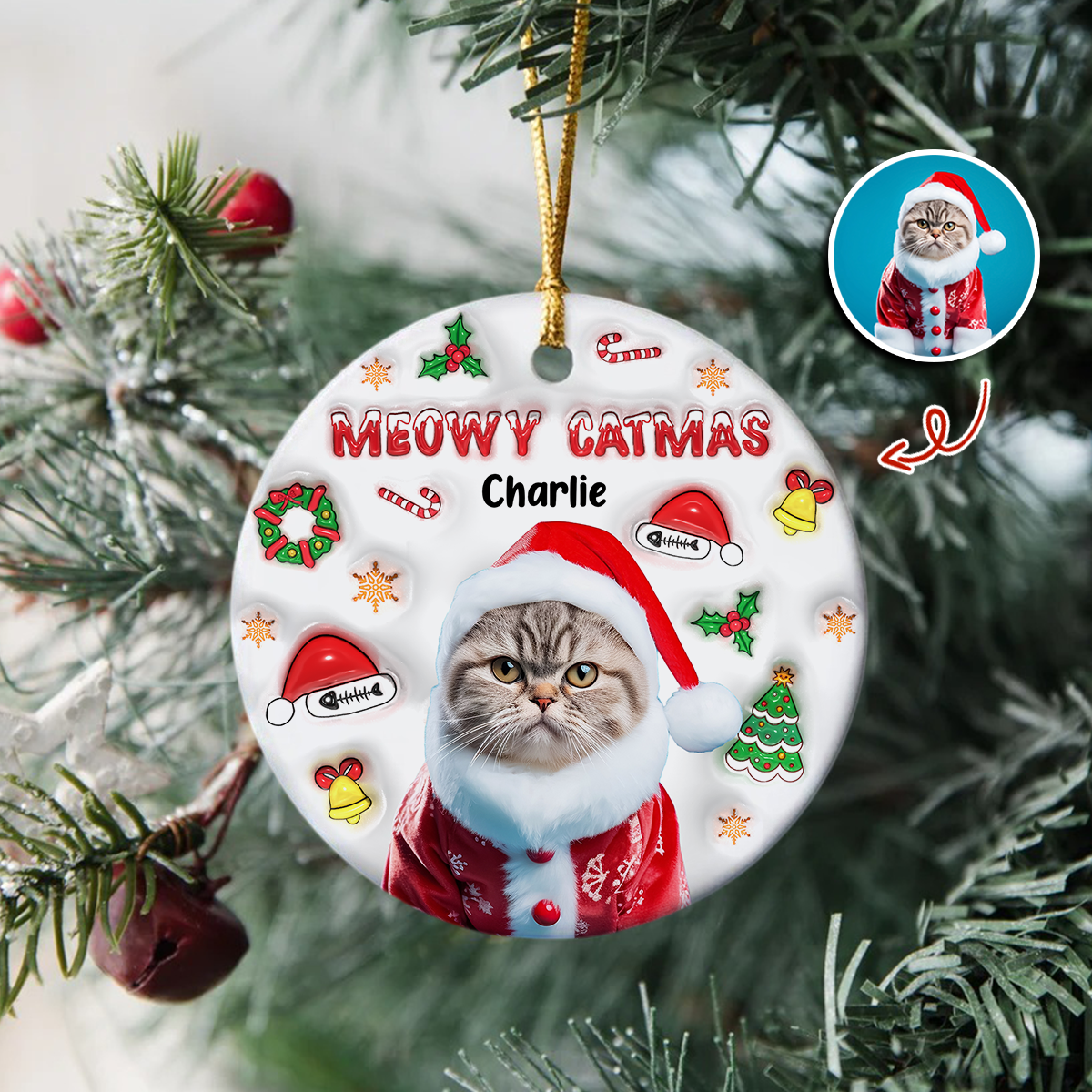 Meowy Catmas Custom Cat Photo 3D Inflated Effect Ceramic Ornament CH07 896366