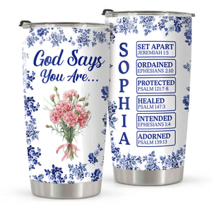 Personalized Name Letter God Says I Am Flower Toile De Jouy Style Fat Tumbler LM32 895361