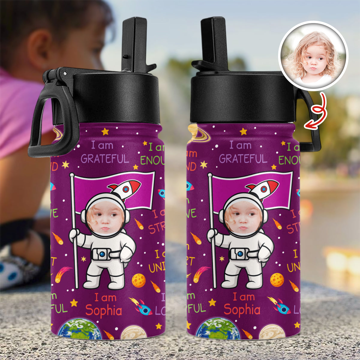 Personalised Photo Cute Astronaut Galaxy Kid Water Bottle with Positive Affirmations Phrase, Back To School Gift for Kids HO82 902976