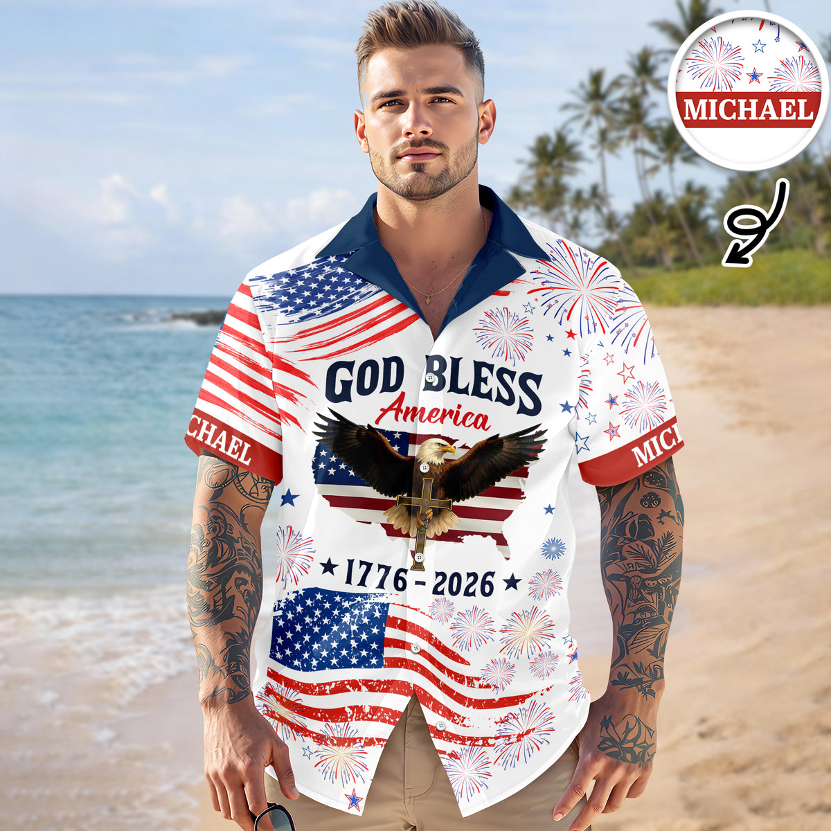 Custom Name Patriotic 250th Anniversary God Bless America Eagle Hawaii Shirt HO82 901200