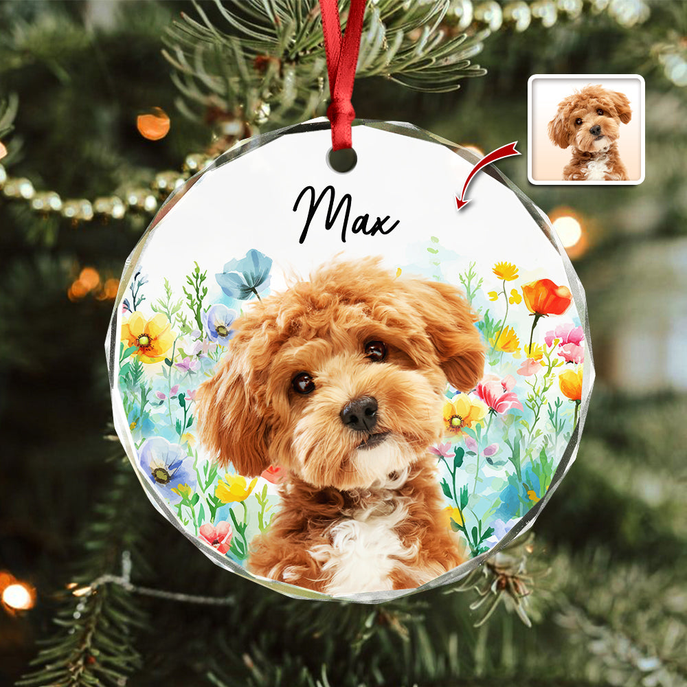 Custom Pet Photo With Watercolor Wildflowers For Dog And Cat Lovers Glass Ornament TH10 894249