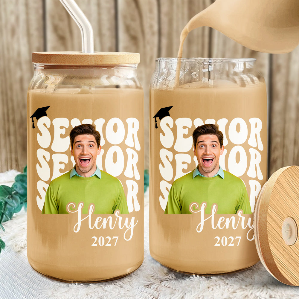 Custom Photo Senior 2027 Glass Can With Lid Back to School Gift for Senior HA75 921974