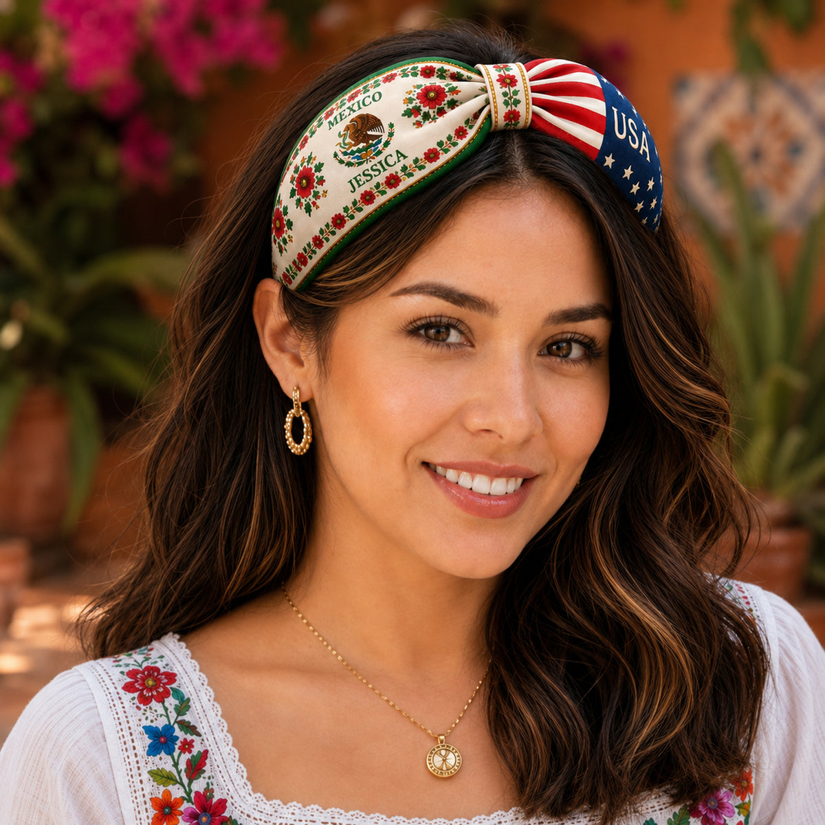 Personalized Name Mexico USA Knotted Headband, Mexican American Hair Accessory, Patriotic Floral Headband, Gift for Her K228 903386