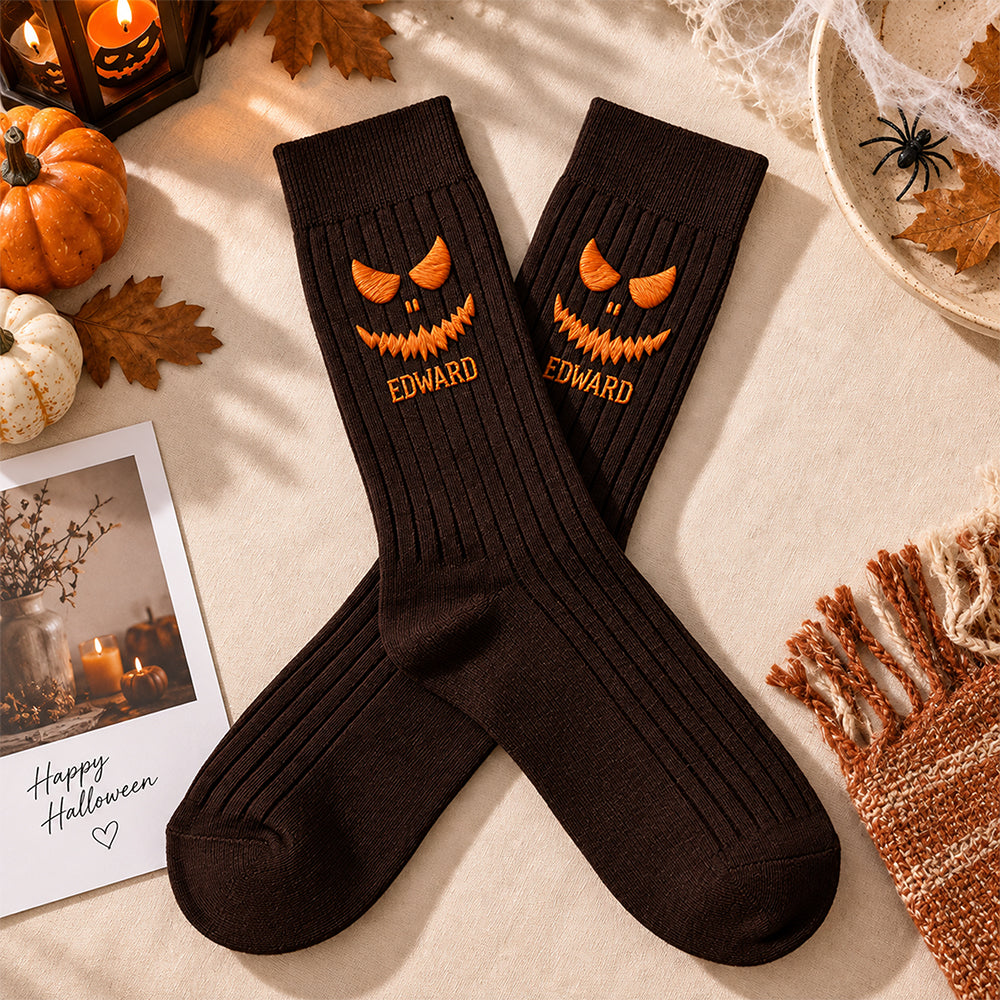 Personalized Name Scary Pumpkin Face Embroidered Socks, Personalized Halloween Gift HA75 919152