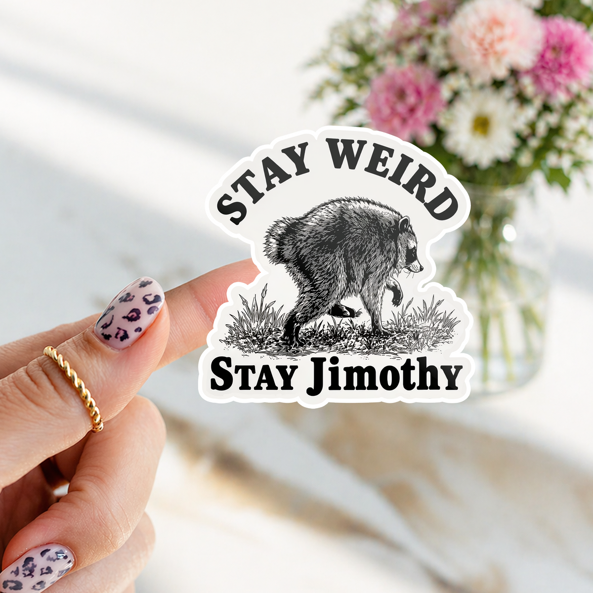 Stay Weird Stay Jimothy Raccoon Roll Sticker – Funny Trash Panda Meme CH07 180232